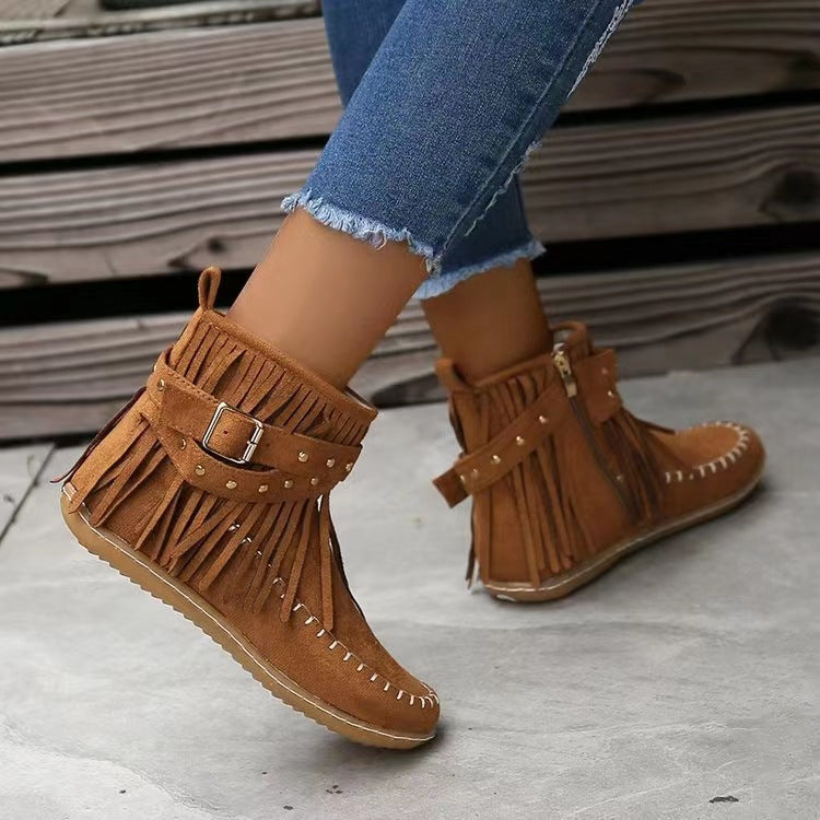 Retro Moccasins Ankle Boots With Rivet Tassel Flat Shoes Women Winter Fall Boots