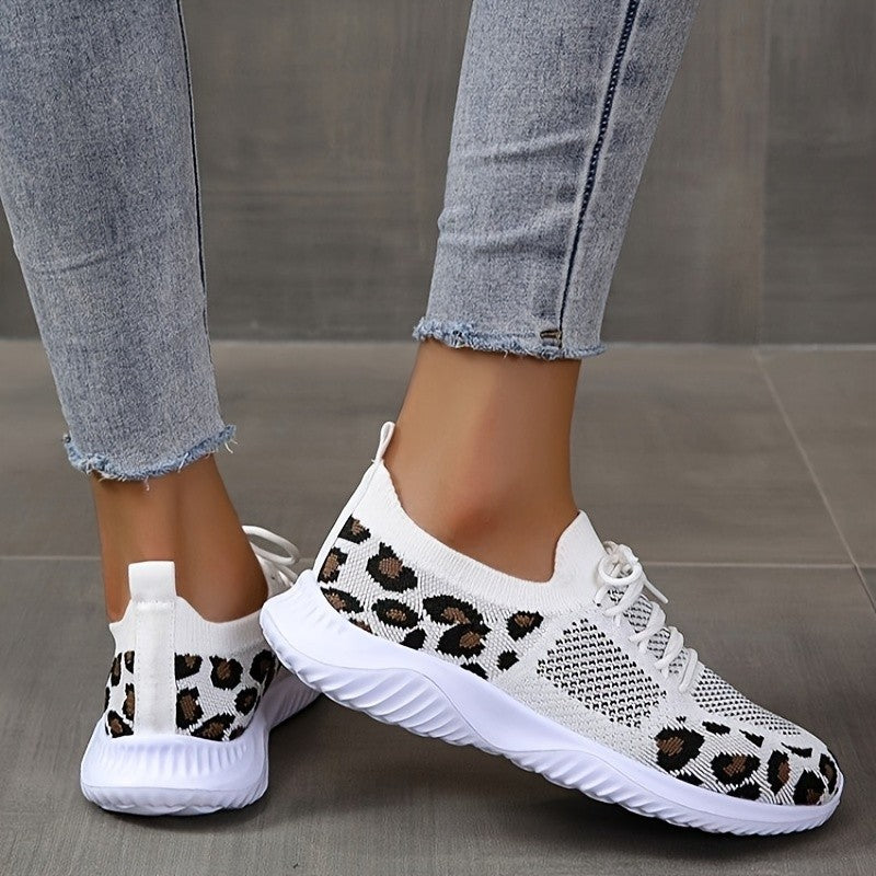 White Shoes Women Leopard Print Lace-up Light-Weight Mesh Sneakers Sports