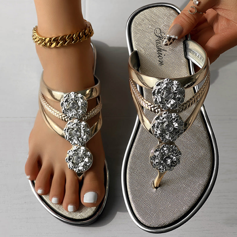 Gold Floral Pattern Flip-Flops Comfortable Casual Summer Beach Sandal Slide On Open Toe - Anklet Not Included