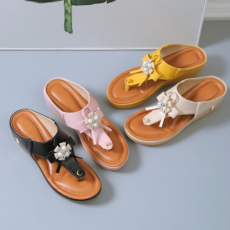 Women's Flower Wedge Heel Platform Flip Flops Plus Size Beach Slippers Sandals