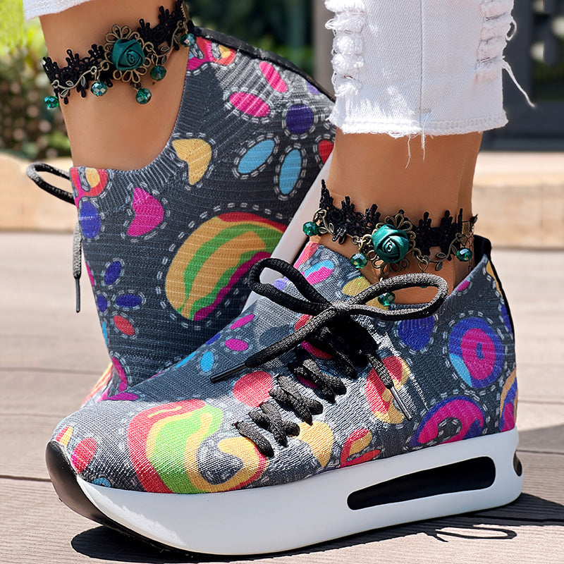 Women's Random Print Side Lace-Up Elastic Sport Thick Chunky Sole Sneakers, Comfortable Slip-On Shoes