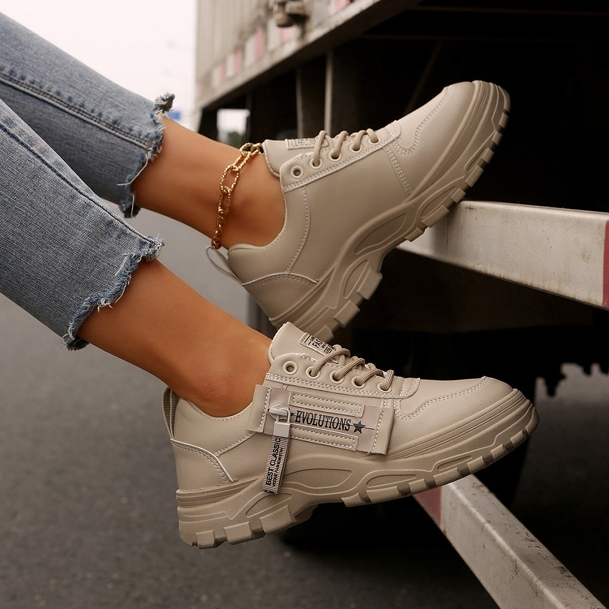 Lace-up Sports Sneakers With Side-Zipper Design Thick-soled Round-toe Casual Shoes For Women Sneakers