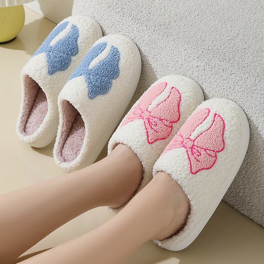 Cute Cartoon Bow Tied Ribbon Cotton Closed Toe Soft Slide On Slippers