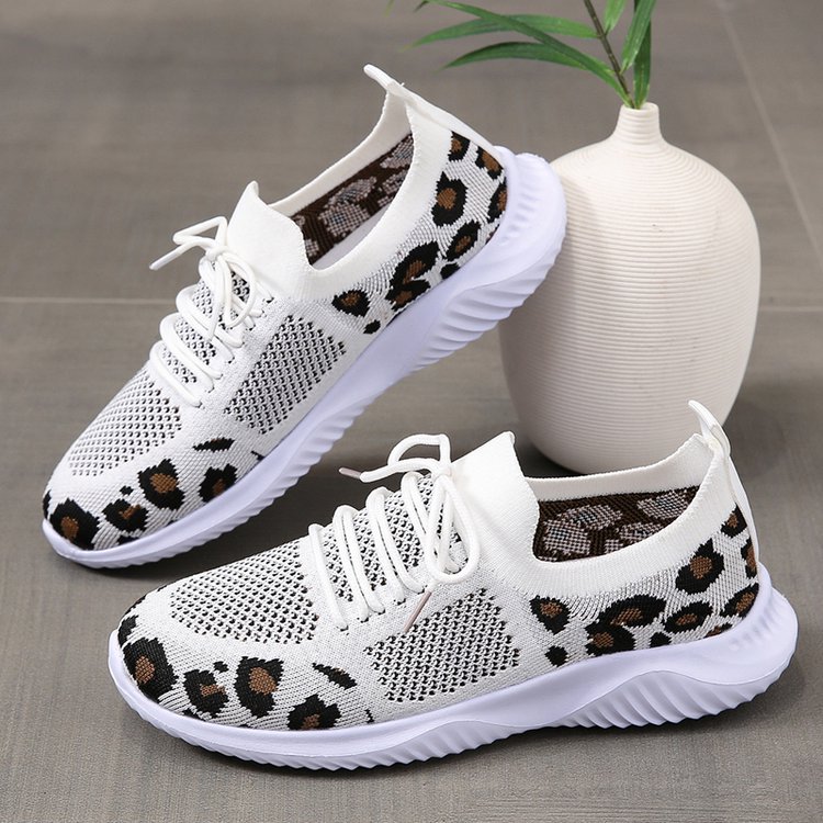 White Shoes Women Leopard Print Lace-up Light-Weight Mesh Sneakers Sports