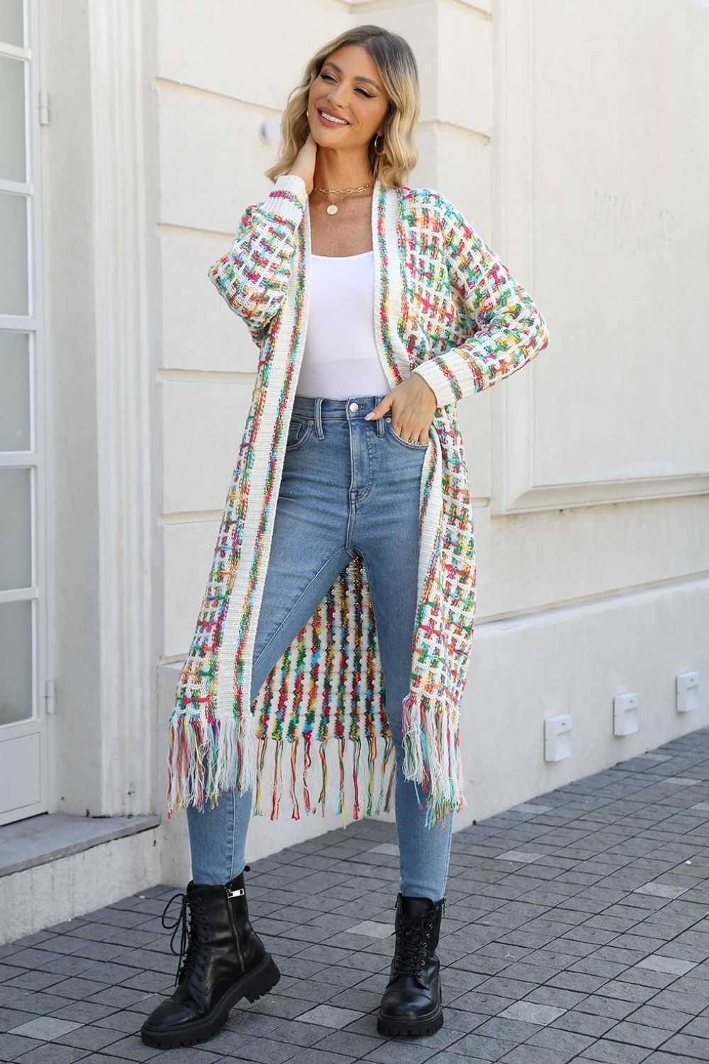 White Label Multicolored Rainbow & Black Open Front Fringe Raw Hem Long Knit Cardigan Jacket