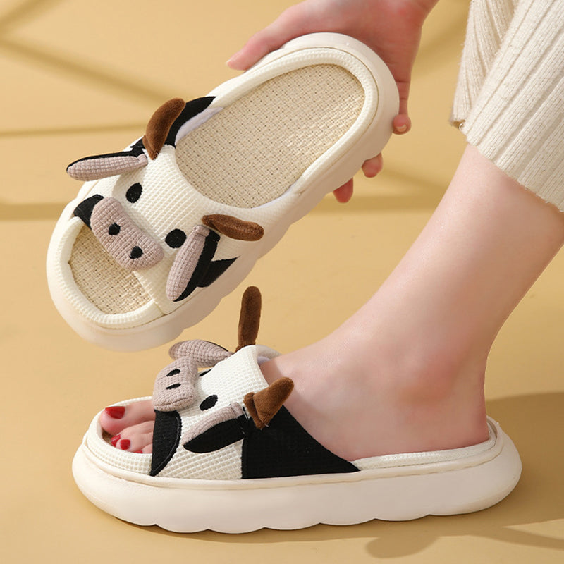 Cute Cartoon Cow or Frog Slippers Linen Non-slip Shoes Indoor Garden Home Slippers