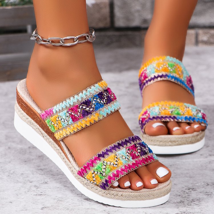 Wedge Heel Woven Sandals Summer Casual Ethnic Style Slippers Linen Bottom Wide Strap Shoes For Women