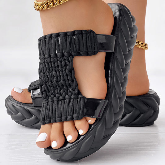 Platform Sandals Braided Knit Hollow Open Toe Black Slip On Chunky Sole Sandals - Anklet Not Included