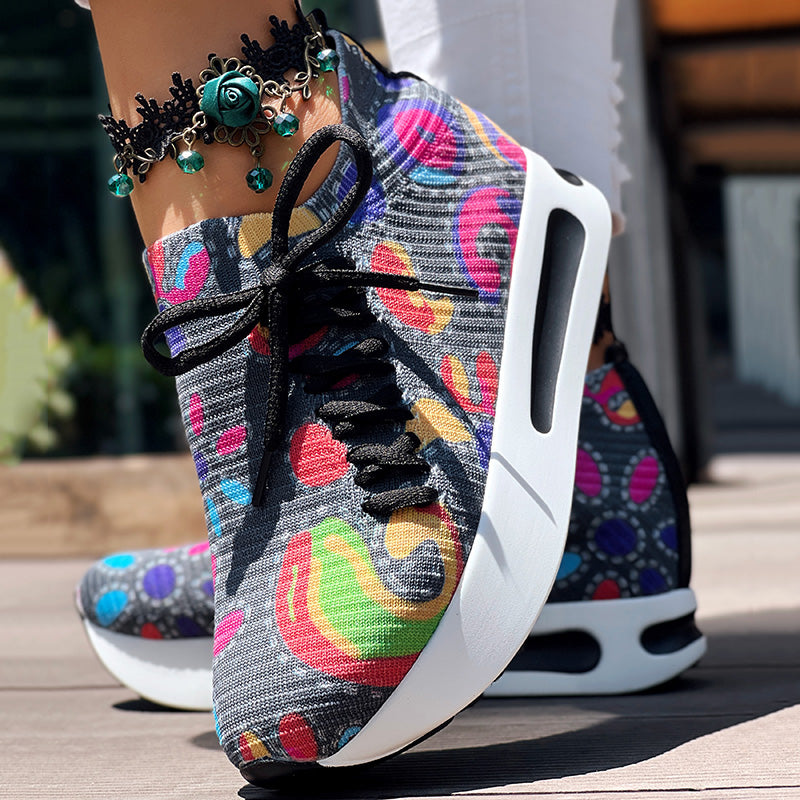 Women's Random Print Side Lace-Up Elastic Sport Thick Chunky Sole Sneakers, Comfortable Slip-On Shoes