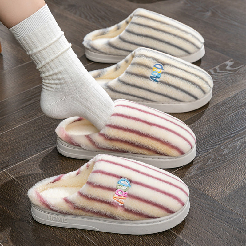 Plush Striped Slippers Winter Warm Letter Embroidered Shoes Slipper For Women Men Closed Toe Flats