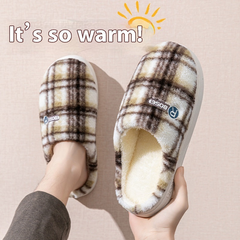 Women's Plush Warm Plaid Flannel Non-slip Cotton House Slide On Slipper Shoes