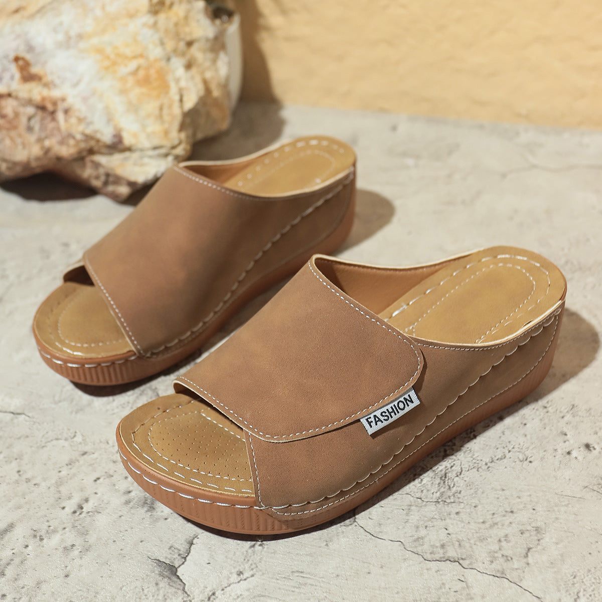 Summer Wedge Slides Slippers Fish Mouth Thick Sole Roman Shoes Solid Color Beach Sandals For Women