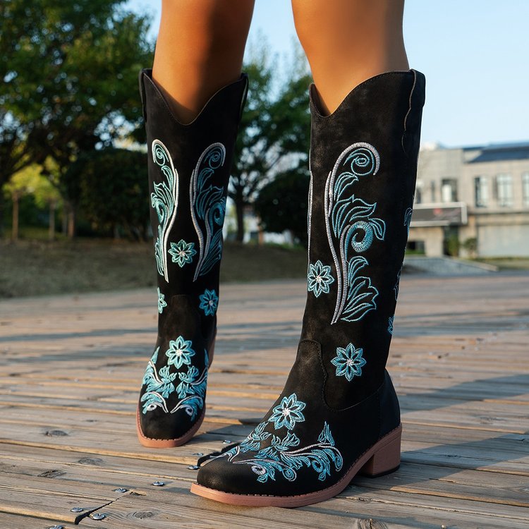 Plus Size High Cylinder Embroidery Mid Calf Cowboy Cowgirl Boots