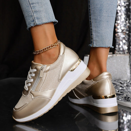 Women's Lace-up Casual Sneakers Side Zipper Design Thick-soled Shoes Walking Running Sports Sneakers