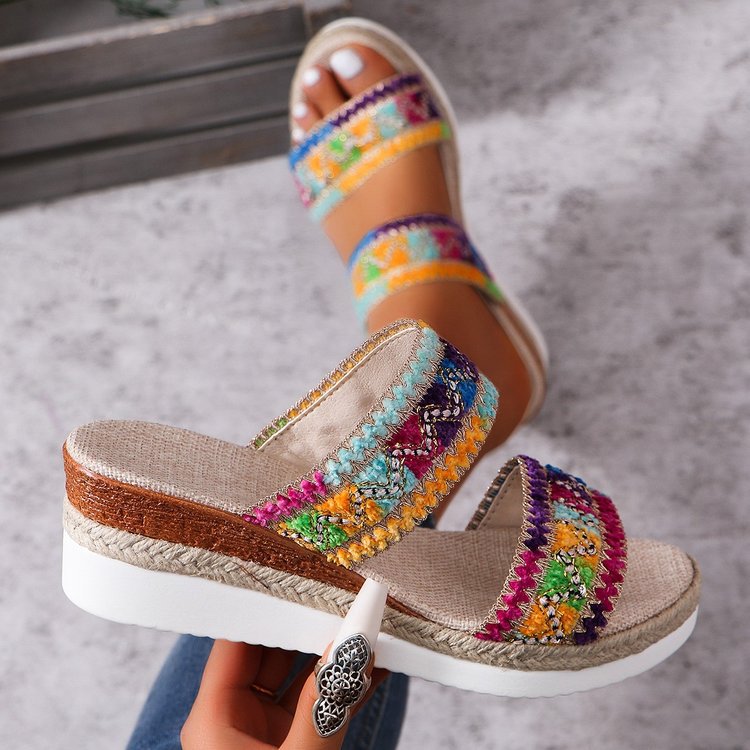 Wedge Heel Woven Sandals Summer Casual Ethnic Style Slippers Linen Bottom Wide Strap Shoes For Women