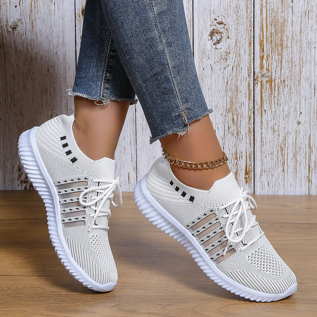 Casual Lace-up Mesh Sneakers Breathable Flying Woven Round Toe Walking Running Sports Sneakers