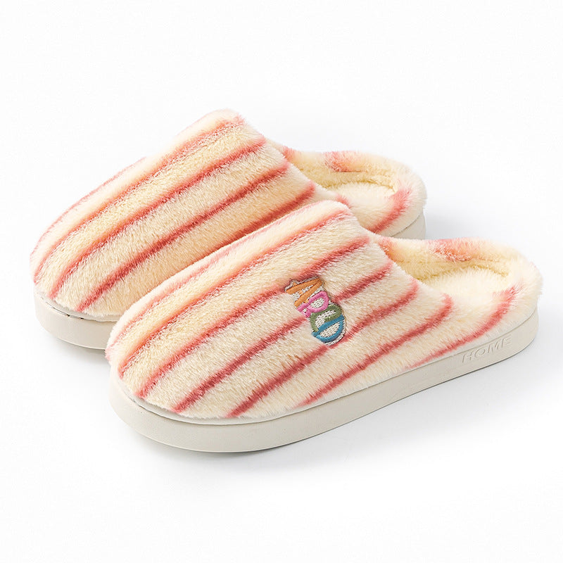 Plush Striped Slippers Winter Warm Letter Embroidered Shoes Slipper For Women Men Closed Toe Flats