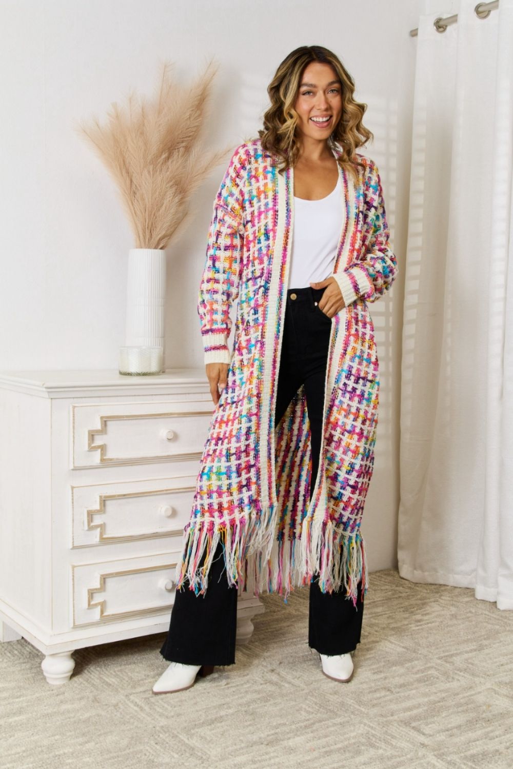 White Label Multicolored Rainbow & Black Open Front Fringe Raw Hem Long Knit Cardigan Jacket