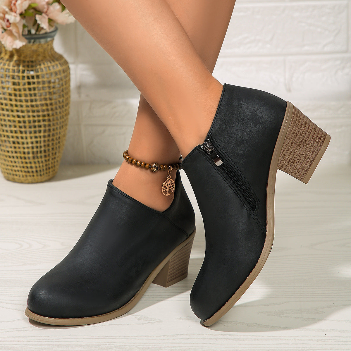 Chunky Heel Ankle Boots With Side Zipper Design Fashion Fall Winter Booties For Women Shoes
