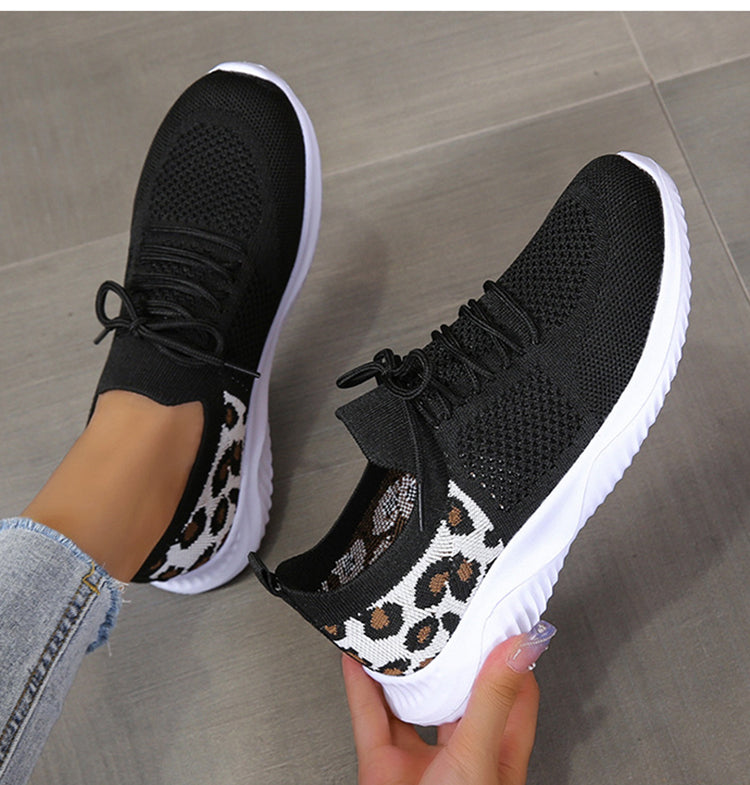 White Shoes Women Leopard Print Lace-up Light-Weight Mesh Sneakers Sports