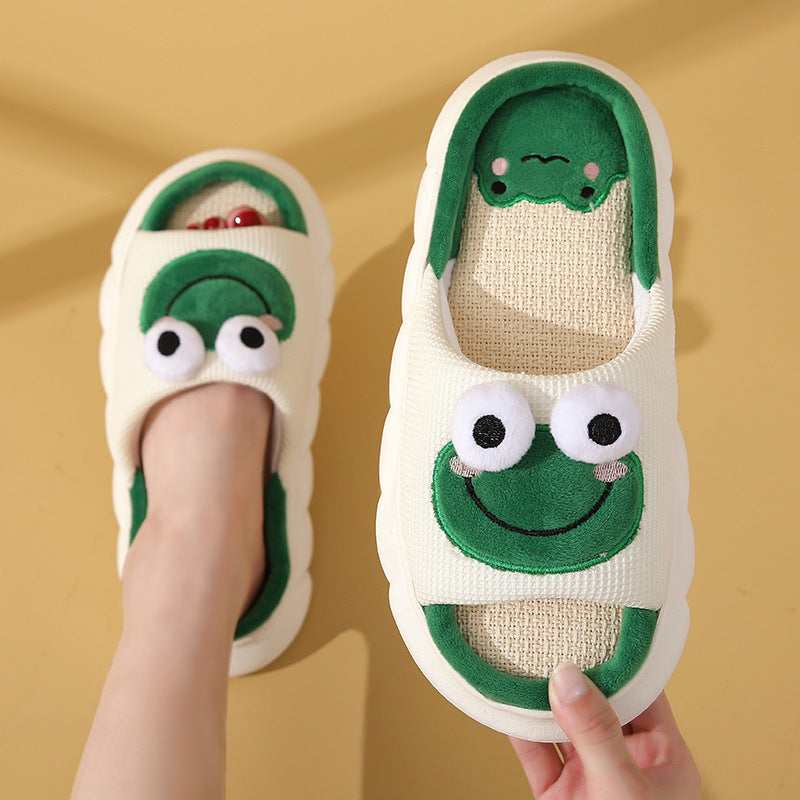 Cute Cartoon Cow or Frog Slippers Linen Non-slip Shoes Indoor Garden Home Slippers