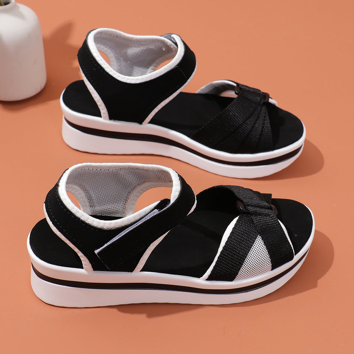 Mesh Cross-Strap Sandals With Velcro-Design Thick Chunky Platform Sole Beach Shoes Women