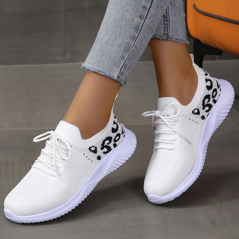 White Shoes Women Leopard Print Lace-up Light-Weight Mesh Sneakers Sports