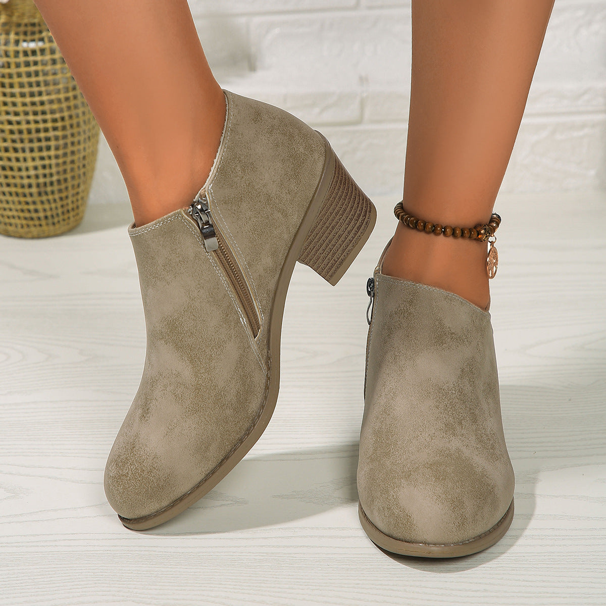 Chunky Heel Ankle Boots With Side Zipper Design Fashion Fall Winter Booties For Women Shoes