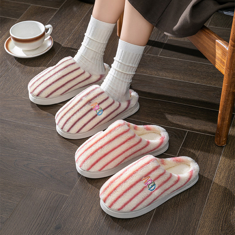 Plush Striped Slippers Winter Warm Letter Embroidered Shoes Slipper For Women Men Closed Toe Flats