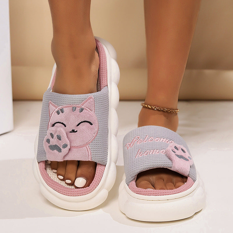 Cute Cartoon Kitten Open Toe Slippers For Women