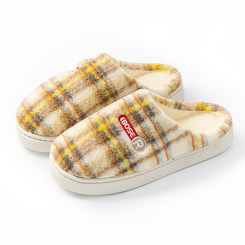 Women's Plush Warm Plaid Flannel Non-slip Cotton House Slide On Slipper Shoes