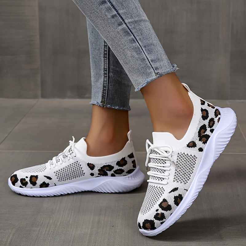 White Shoes Women Leopard Print Lace-up Light-Weight Mesh Sneakers Sports