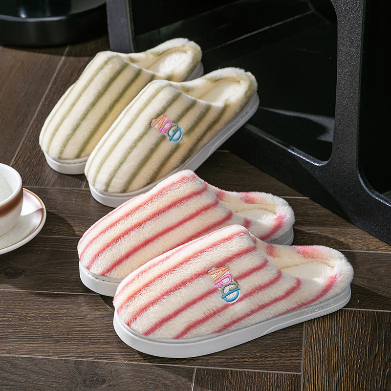 Plush Striped Slippers Winter Warm Letter Embroidered Shoes Slipper For Women Men Closed Toe Flats