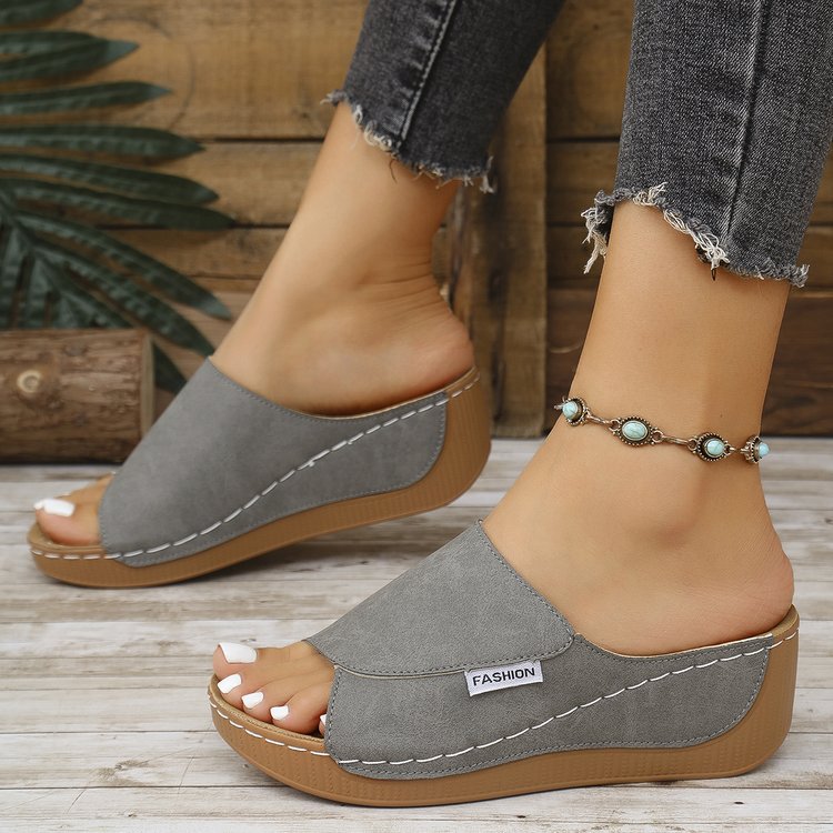 Summer Wedge Slides Slippers Fish Mouth Thick Sole Roman Shoes Solid Color Beach Sandals For Women