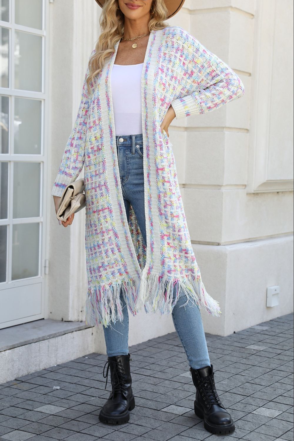 White Label Multicolored Rainbow & Black Open Front Fringe Raw Hem Long Knit Cardigan Jacket