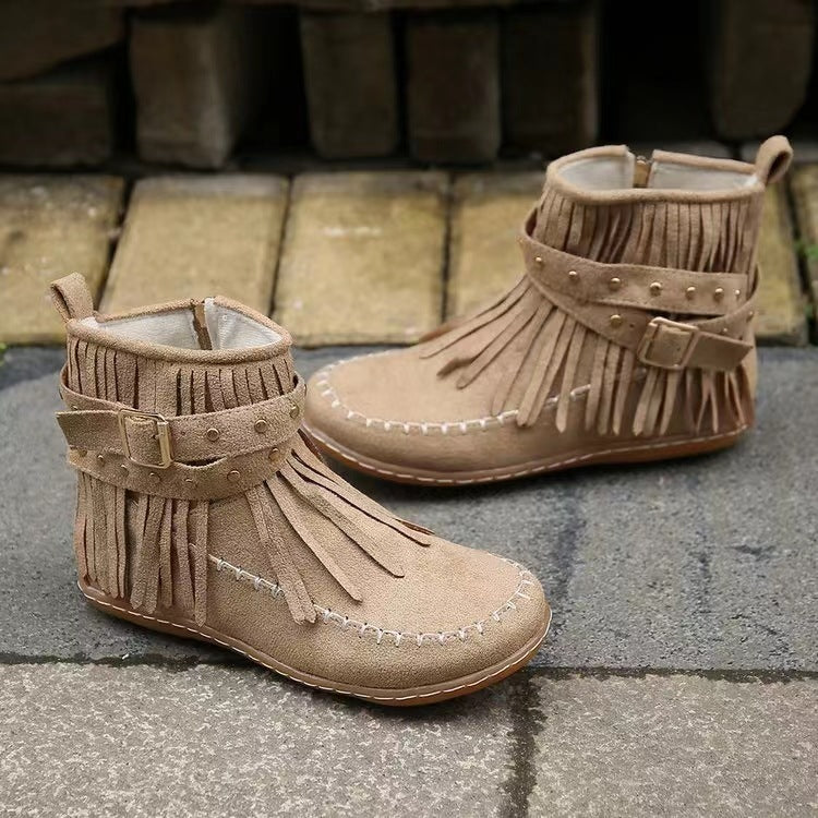 Retro Moccasins Ankle Boots With Rivet Tassel Flat Shoes Women Winter Fall Boots