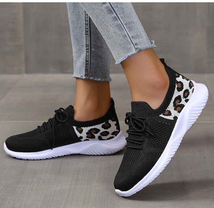 White Shoes Women Leopard Print Lace-up Light-Weight Mesh Sneakers Sports