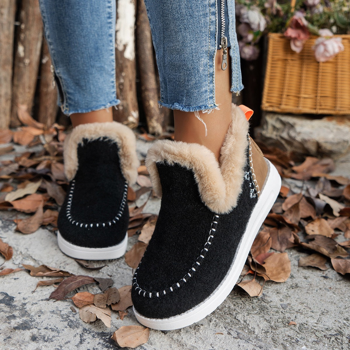 Fleece-lined Thick Plush Boots Warm Sewing Flat Cotton Shoes Winter Ankle Boot Booties