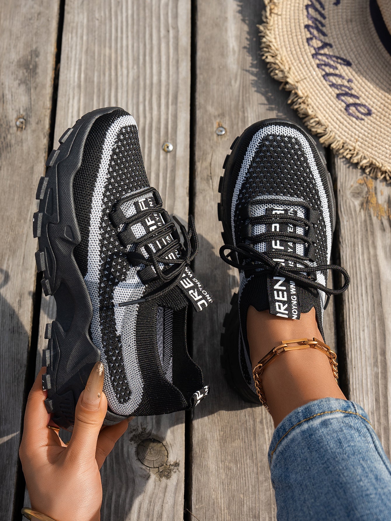 Flyknit Mesh Shoes Women's Breathable Lace-up Thick Chunky Sole Sneakers Walking Running Casual Shoes