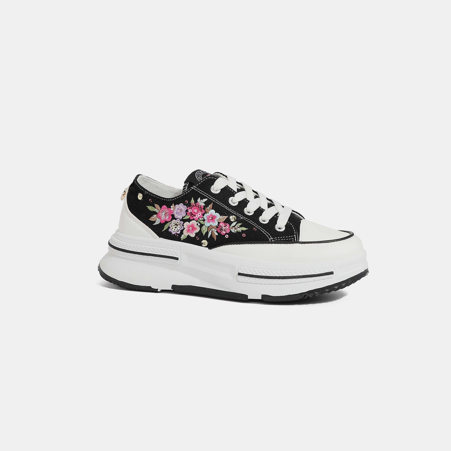 Nicole Lee USA Embroidery Floral Pink Flowers Detail Platform Lace-Up Black Sneakers
