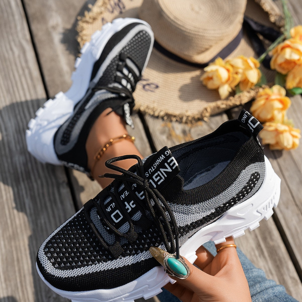 Flyknit Mesh Shoes Women's Breathable Lace-up Thick Chunky Sole Sneakers Walking Running Casual Shoes