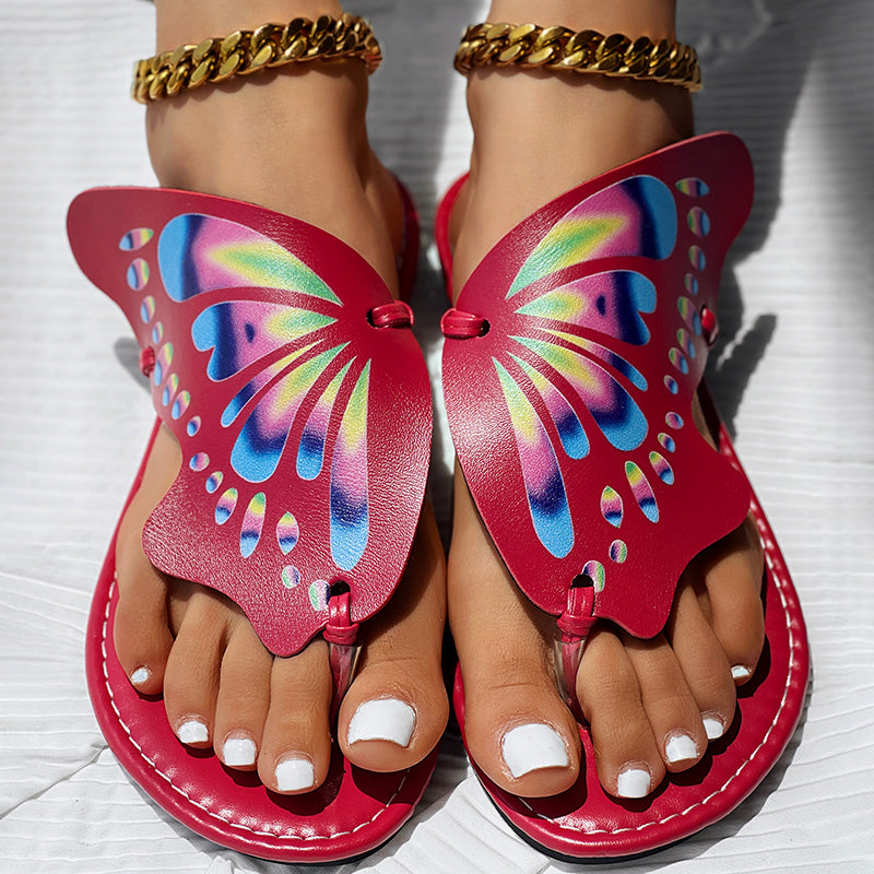 Pink Butterfly Print Round Toe Flip Flops, Comfortable Summer Beach Shoes, Casual Women's Sandals, Perfect For Poolside And Daily Wear