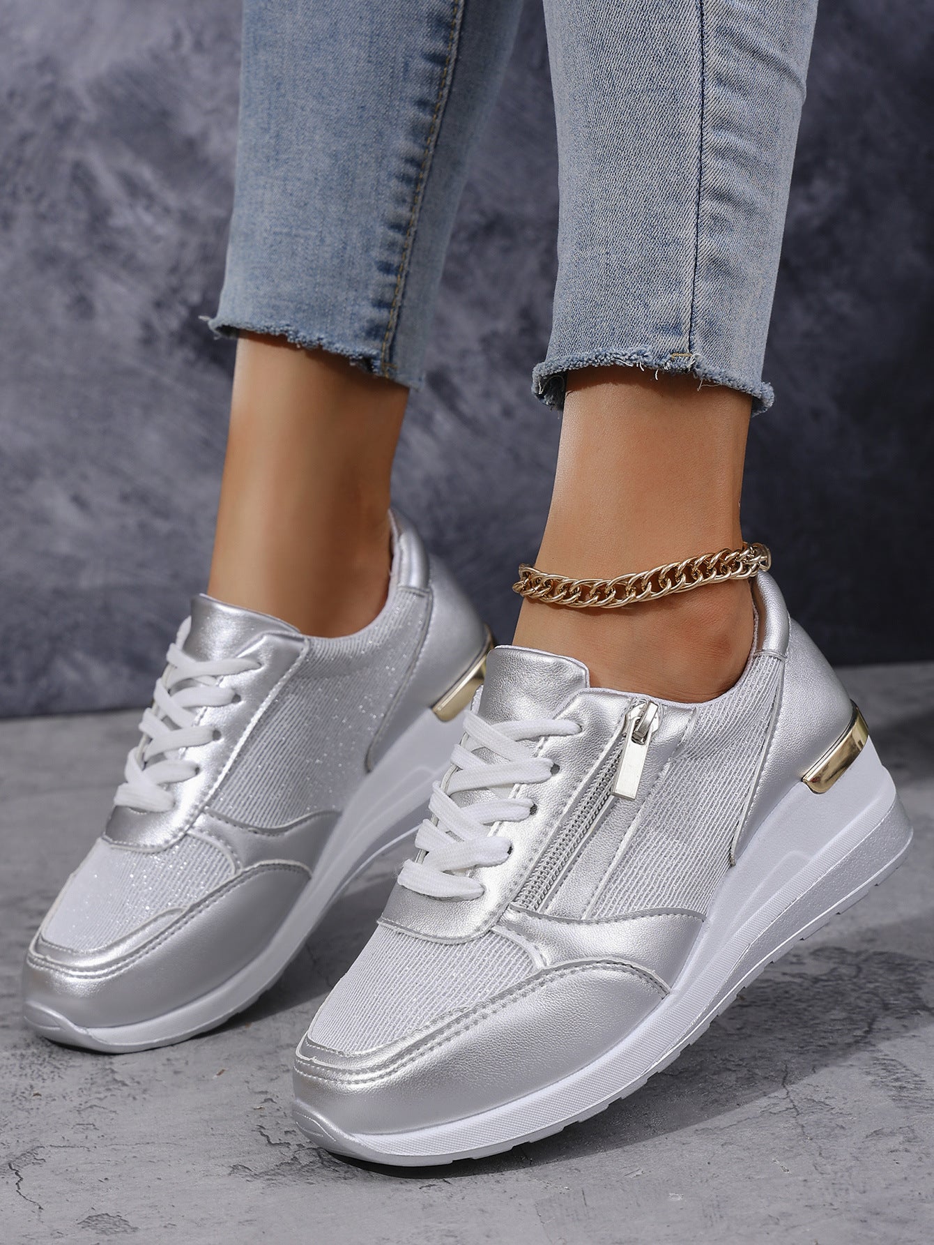 Women's Lace-up Casual Sneakers Side Zipper Design Thick-soled Shoes Walking Running Sports Sneakers