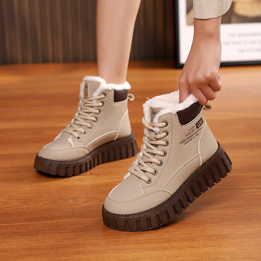 Lace-up Snow Boots Winter Warm Fleece Flat Shoes For Women Fashion Casual Plush Ankle Boot