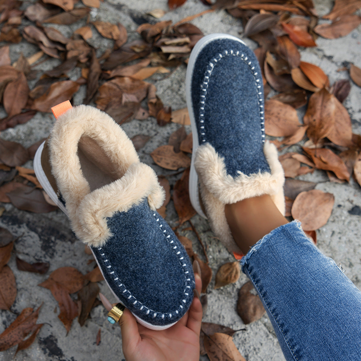 Fleece-lined Thick Plush Boots Warm Sewing Flat Cotton Shoes Winter Ankle Boot Booties