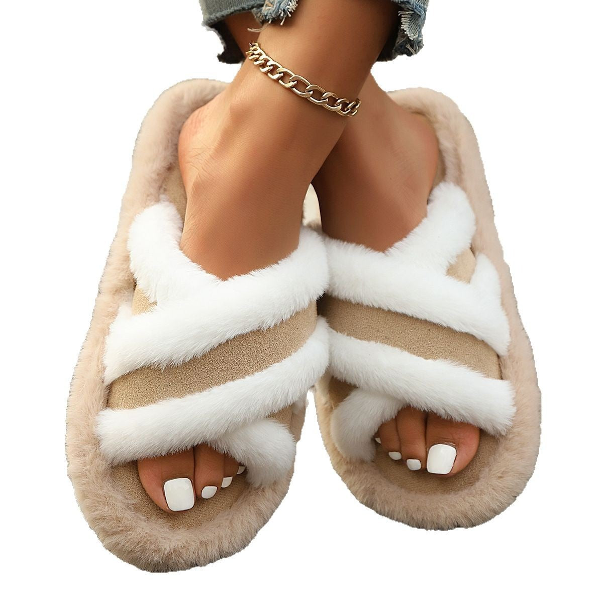 Fluffy Faux Fur Slippers Cross Strap Stitching Warm Casual Platform Slippers