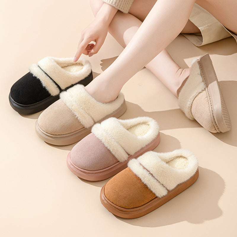 Warm Cotton Slippers For Women Leisure Thick Sole Non-slip Plush House Shoes Winter Bedroom Floor Faux Suede Slipper