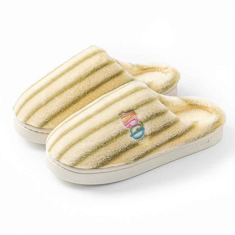 Plush Striped Slippers Winter Warm Letter Embroidered Shoes Slipper For Women Men Closed Toe Flats