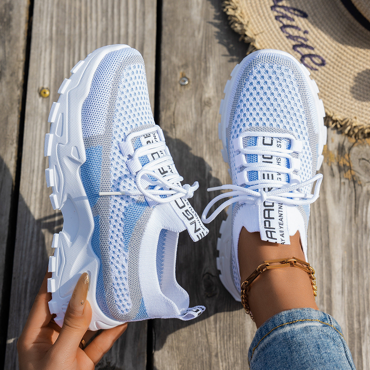 Flyknit Mesh Shoes Women's Breathable Lace-up Thick Chunky Sole Sneakers Walking Running Casual Shoes