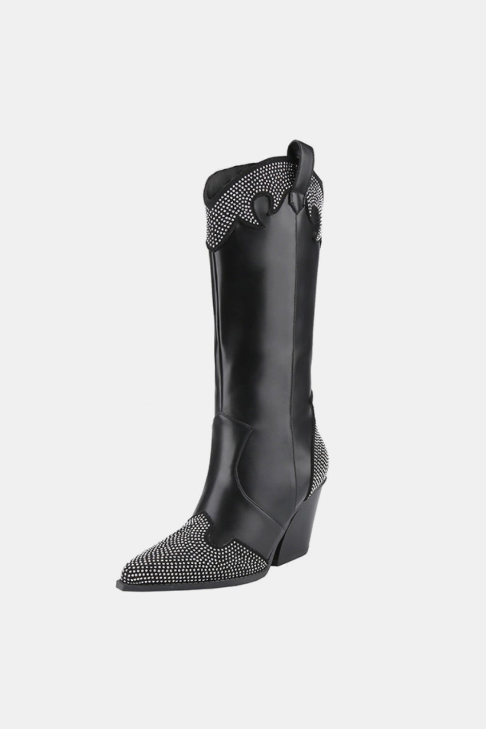 Weeboo Chunky Heel Rhinestone Western Black Midcalf Cowboy Boots